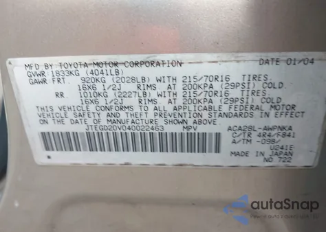 2004 Toyota Rav4 из США, поврежденный, VIN JTEGD20V040022463